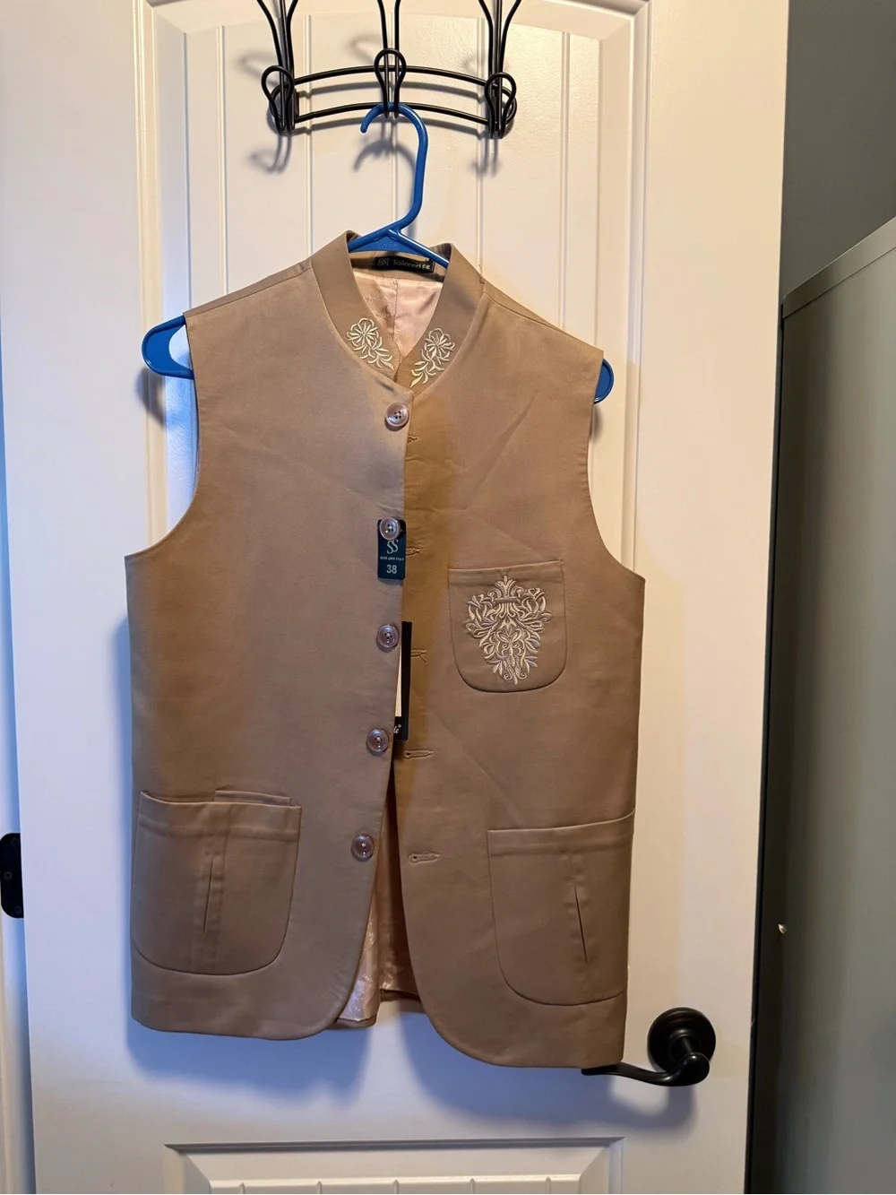 Tan Embroidered Button-Up Vest